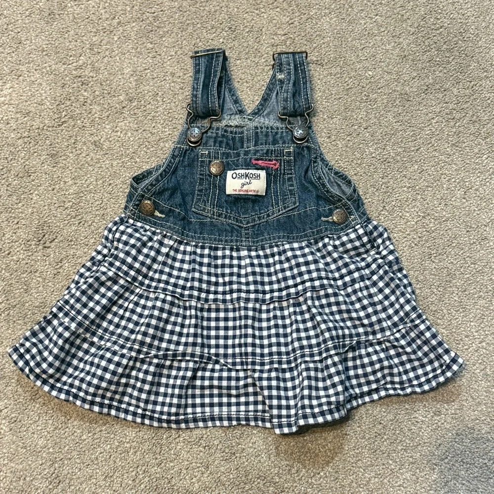 OshKosh 100% Cotton Navy Blue Plaid Tiered Bottom Denim Overall Dress Size 12 M